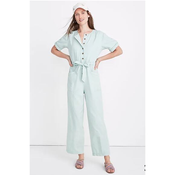 Madewell Mint Green Top-Stitched Coverall Jumpsuit Romper WMNS 8 Button Up - Picture 1 of 12